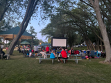 People sitting in a park watching a movie