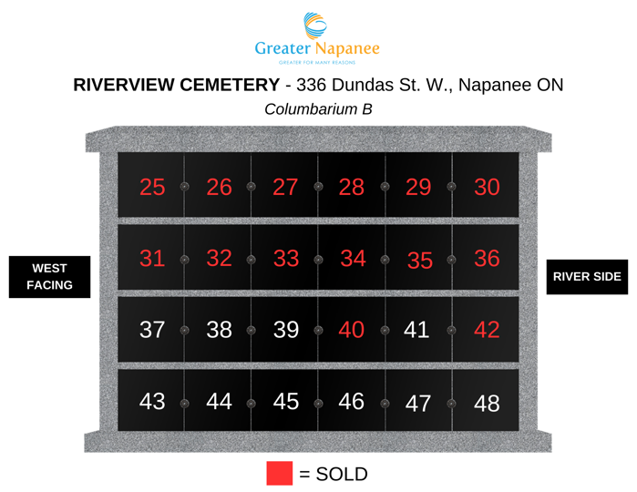 Sold niches on the west facing columbarium at Riverview Cemetery