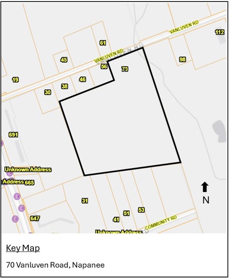 Map of 70 Vanluven road outlining the area of the zoning by-law request