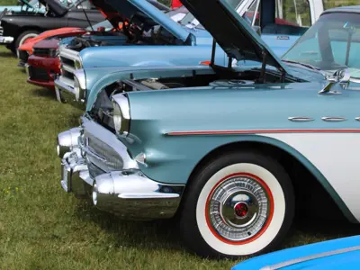 Line of cars in a car show