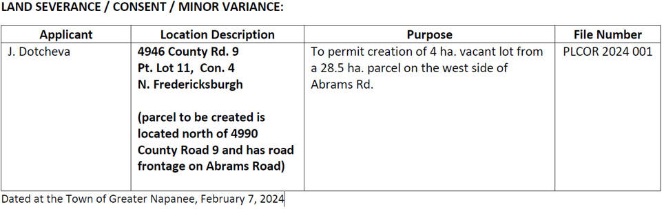 Land severance application chart for file number PLCOR 2024 001
