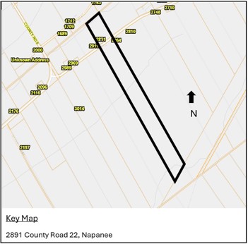 Map of property at 2891 County Road 22 that outlines the area for the zoning by-law amendment