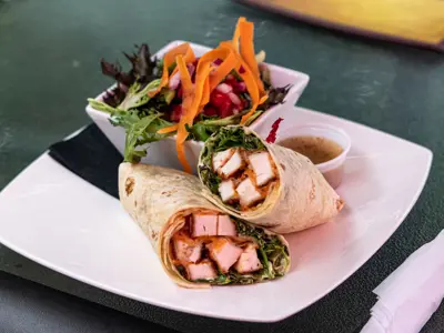 A chicken wrap and salad on a table